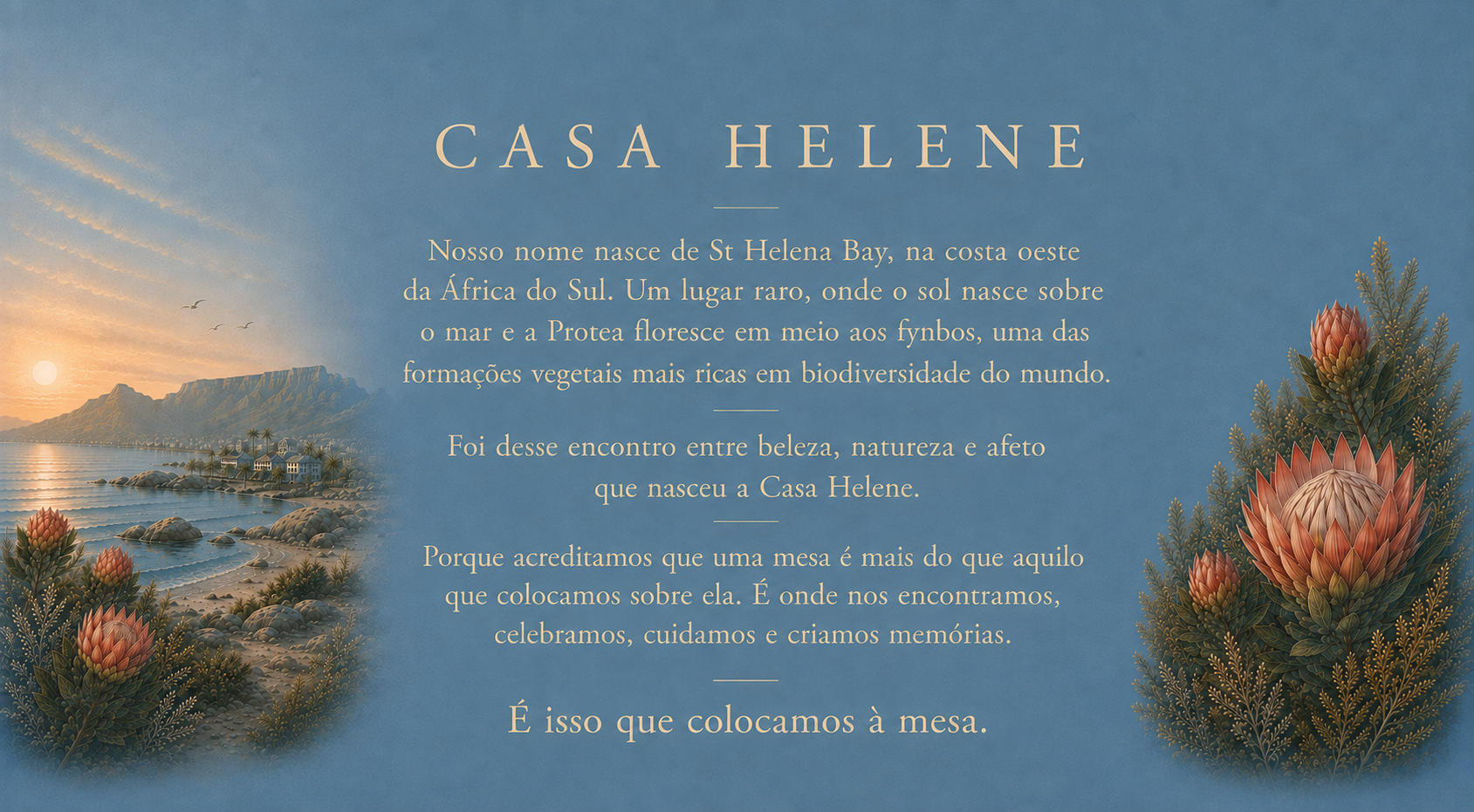 Casa Helene: nosso nome nasce de St Helena Bay, na costa oeste da Cidade do Cabo, onde o sol nasce sobre o mar e a Protea floresce selvagem entre o fynbos