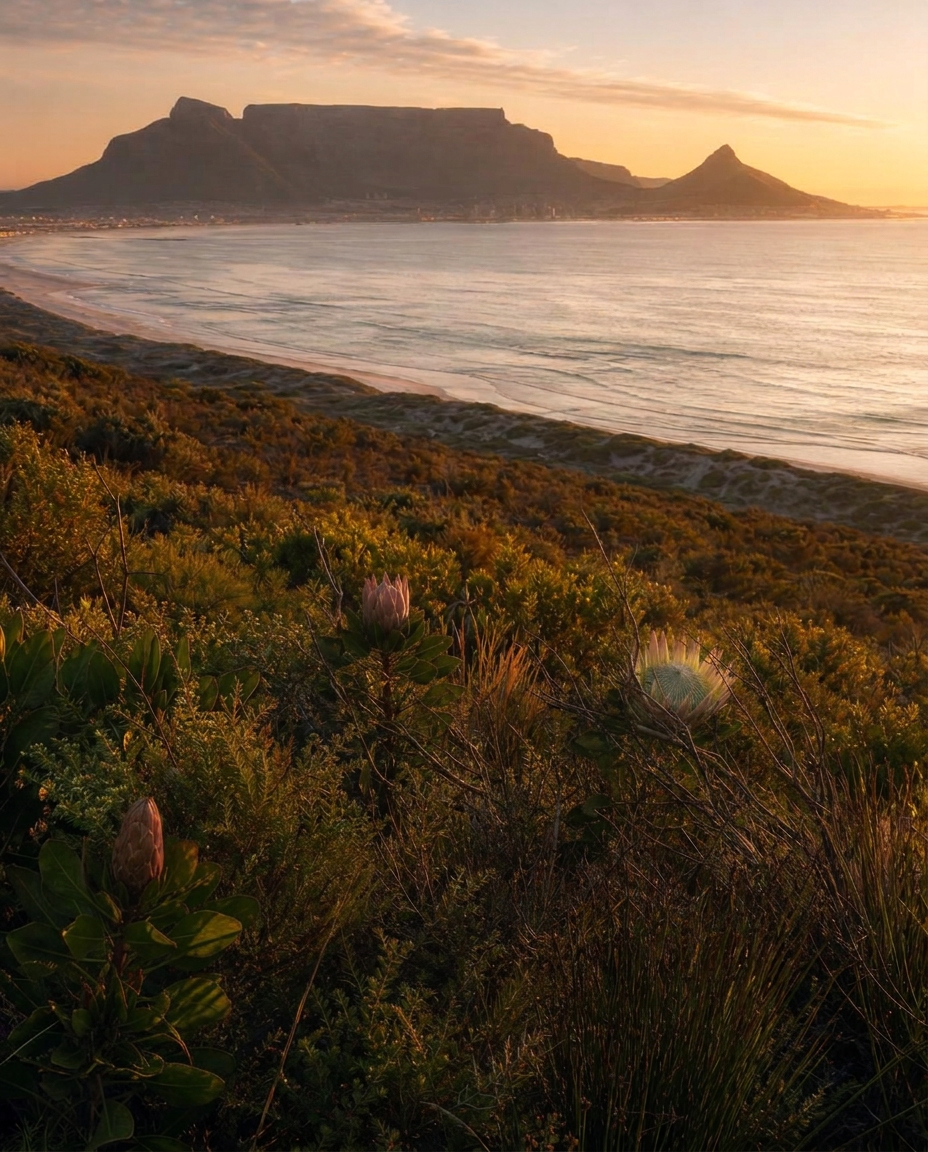 Encosta da Cidade do Cabo com proteas rosa em primeiro plano e a baía ao fundo