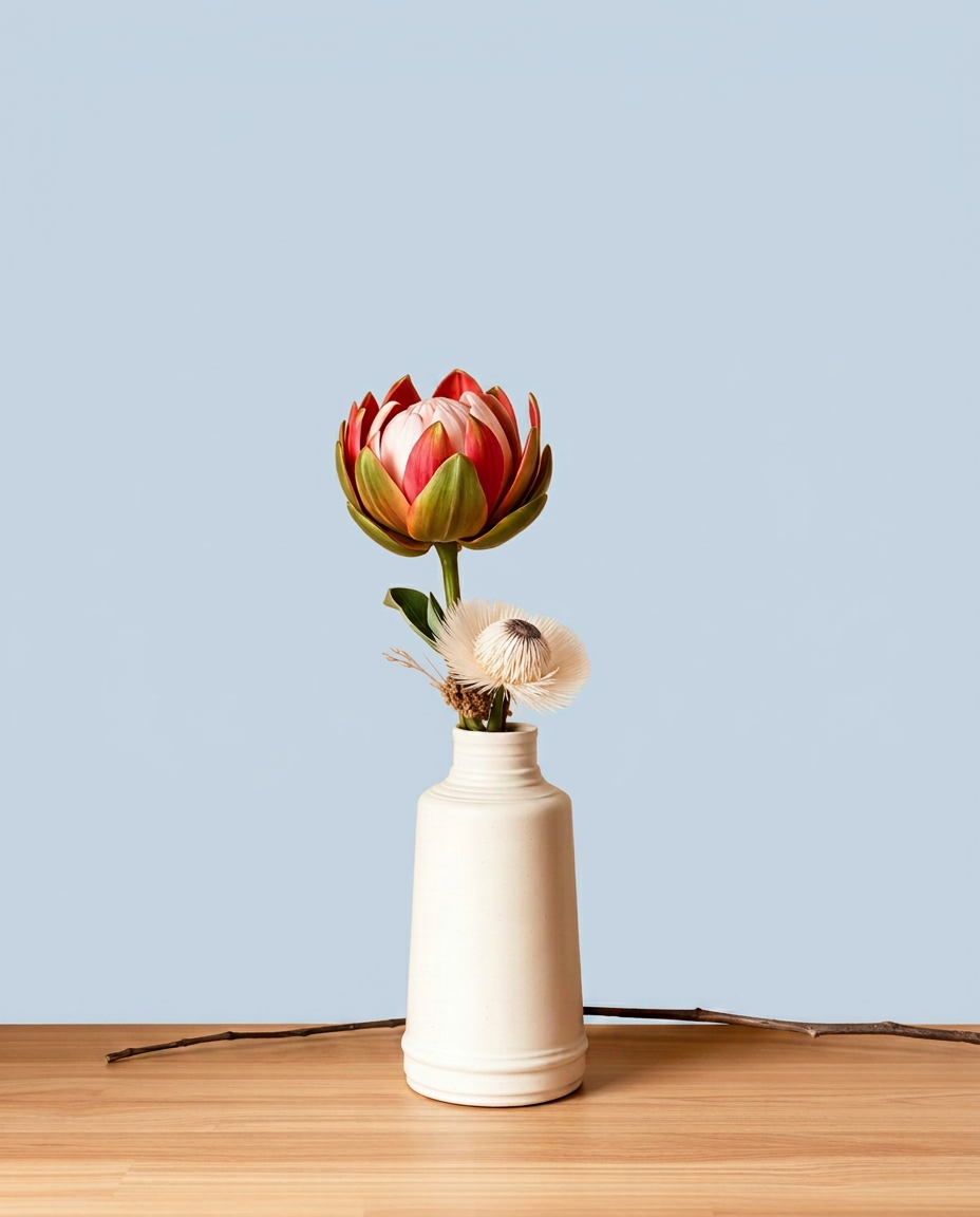 Flor de protea em vaso de porcelana